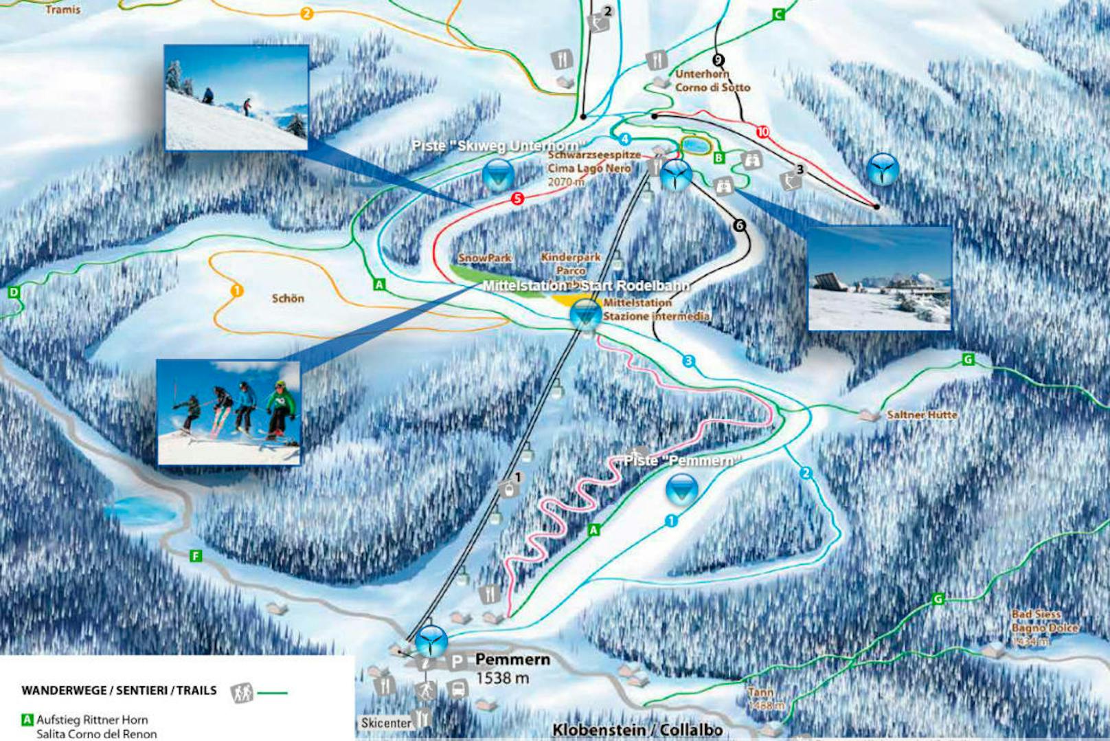 Der Pistenplan des Skigebiets Rittner Horn in Südtirol.