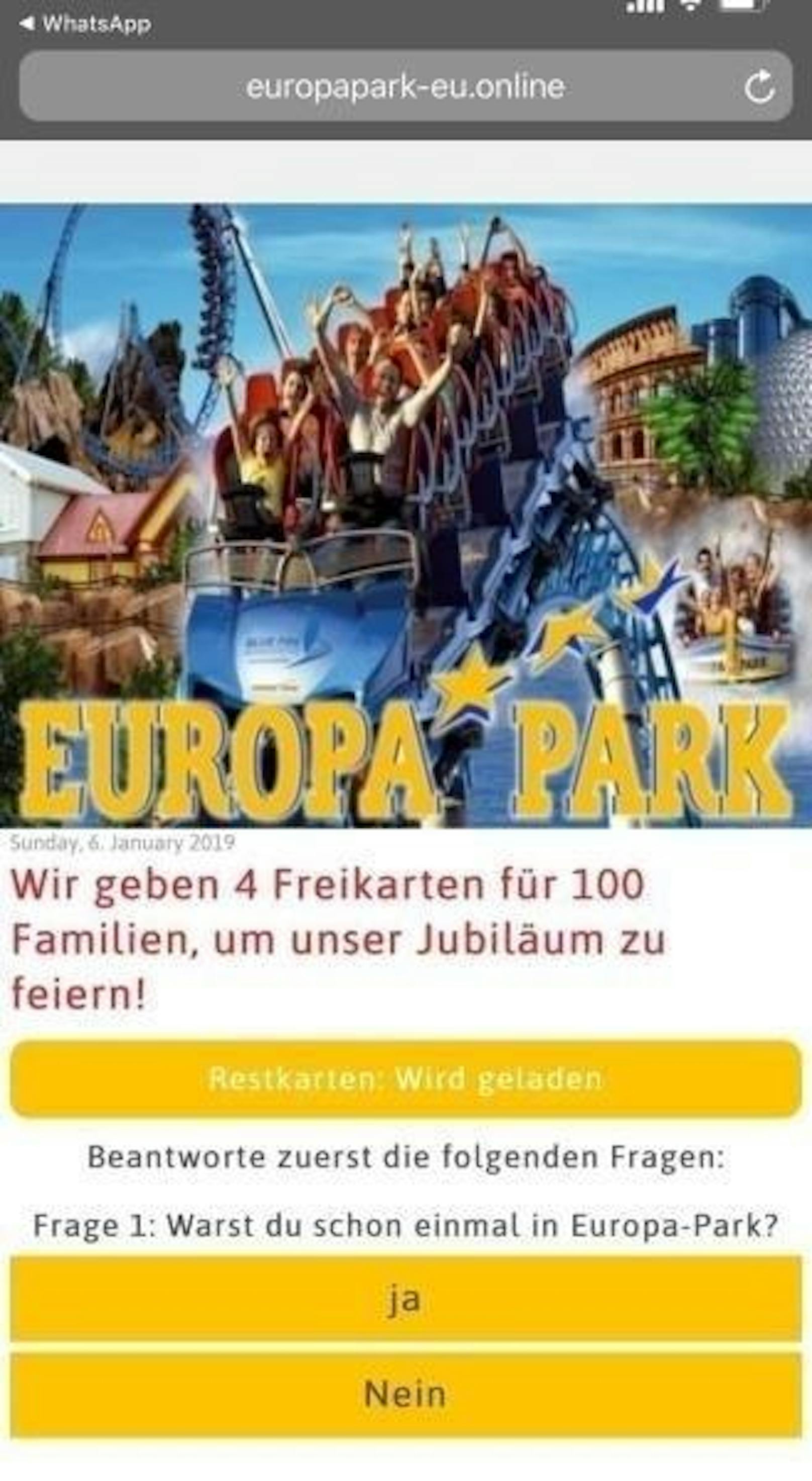 100 Familien sollen je fünf Freikarten erhalten. Die Autoren des Fake-Angebots gaukeln vor, es handle sich um eine offizielle Aktion des Europa-Parks.