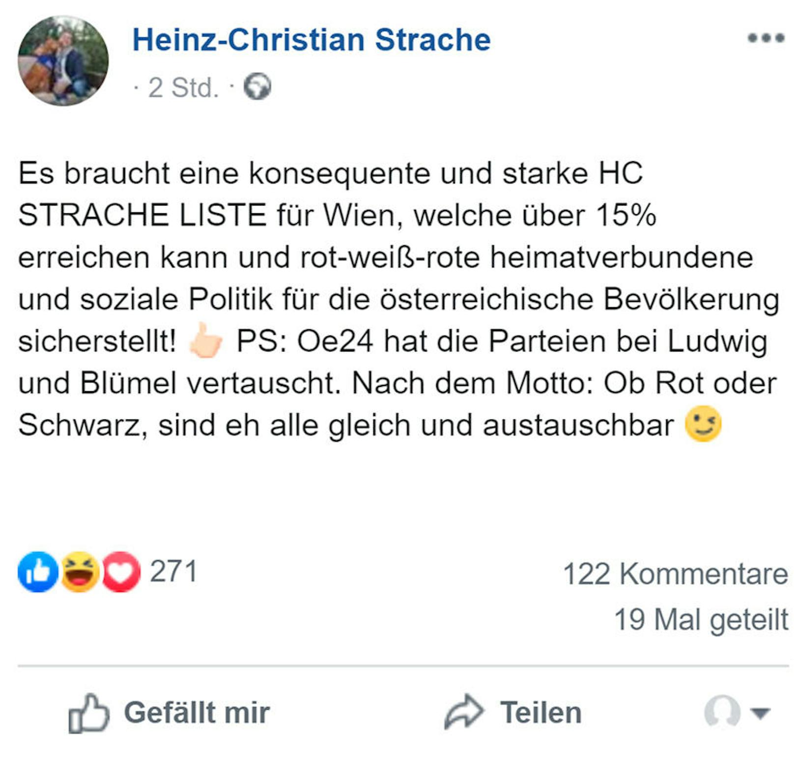 Mit diesem Posting kündigte der gefallene FPÖ-Chef via Facebook (Wo sonst?) seine Rückkehr in die Politik an.