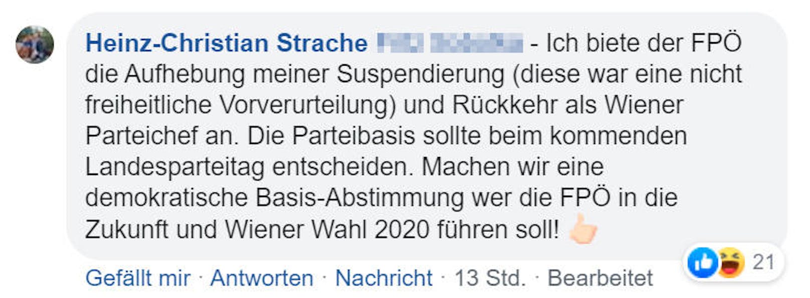 ... schrieb Strache als Kommentar auf der "Heute.at"-Facebook-Seite: "Biete meine Rückkehr als Wiener Parteichef an".