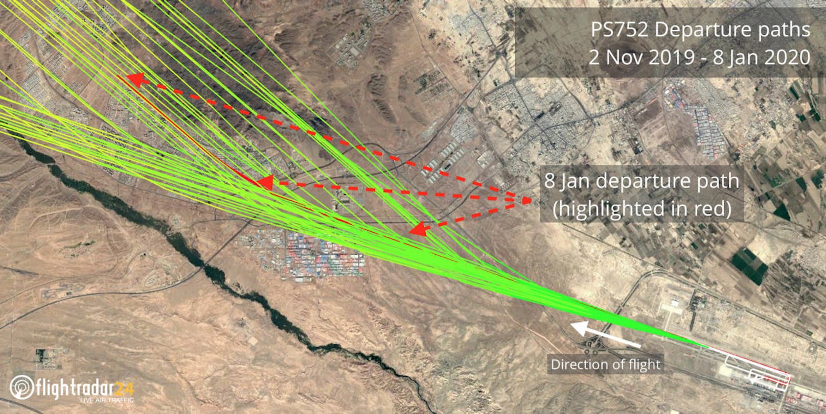 Der Iran argumentiert, dass die Maschine einer Militärbasis zu nahe gekommen sei. Dabei hatte PS752  mit Ziel Kiew in den letzten drei Monaten nach dem Start jeweils ähnliche Routen eingeschlagen wie diese Grafik zeigt.
