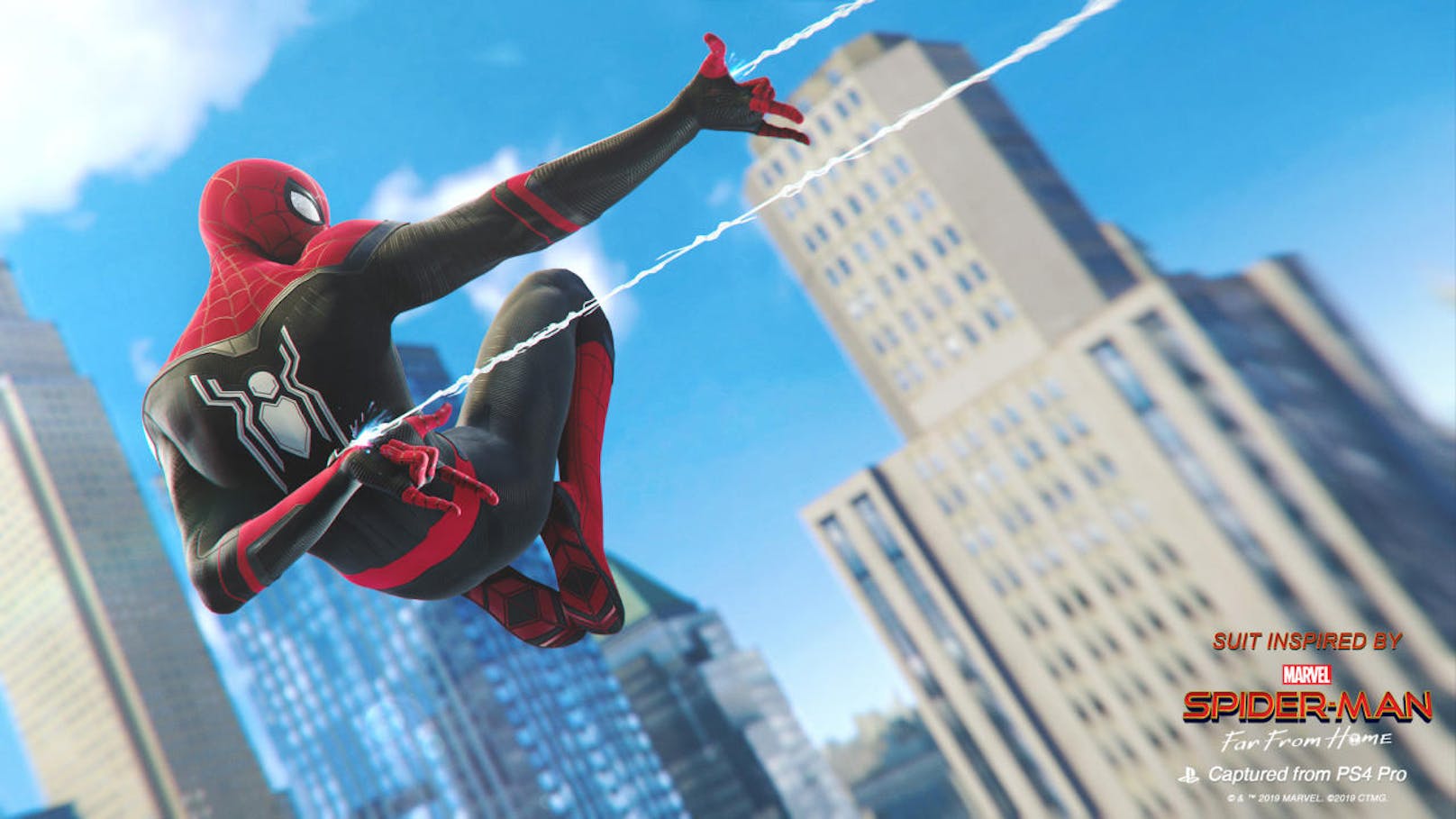 <b>04. Juli 2019:</b> Ein kostenloses Update für das PS4-Game "Marvels Spider-Man" bringt ab sofort zwei neue Anzüge aus dem Kinofilm "Spider-Man: Far From Home" in das Spiel. Mit dem Patch 1.16 erhalten Spieler, die den Verbesserten Anzug in Marvels Spider-Man freigeschaltet haben, im Spiel sofortigen Zugriff auf den Aufgerüsteten Anzug und den Tarnanzug aus Spider-Man: Far From Home. Besitzer von PlayStation VR dürfen sich zudem auf eine kostenlose VR-Erfahrung von Spider-Man: Far From Home freuen, die im PlayStation Store heruntergeladen werden kann. Hier werden Spieler selbst zu Spider-Man und erleben hautnah, wie es sich anfühlt, durch die Straßen New York Citys zu schwingen.