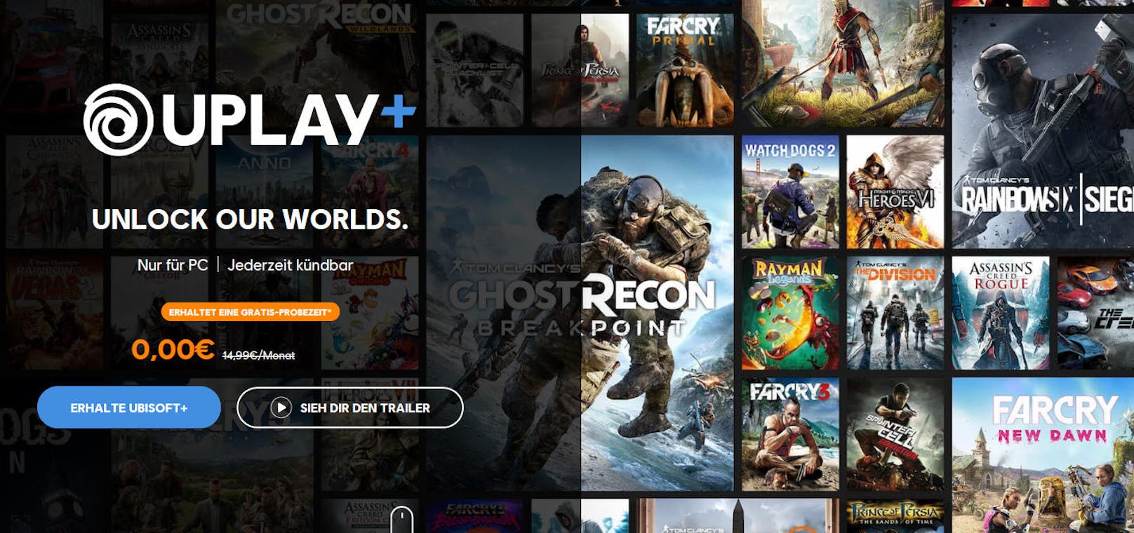 Ubisoft gab ebenso den Start seines Abo-Services UPLAY+ für PC bekannt. Für 14,99 Euro im Monat haben die Spieler unbegrenzten Zugriff auf mehr als 100 Spiele, darunter Neuerscheinungen, neueste Spiele, Backcatalog-Titel, Premium-Editionen und künftige Inhalte. Spieler, die sich jetzt anmelden, können ab sofort bis zum 30. September eine kostenlose Testversion von UPLAY+ nutzen. Um sich bei UPLAY+ anzumelden und kostenlosen Zugang zum Service bis zum 30. September zu erhalten, ist eine Registrierung unter <a href="https://store.ubi.com/de/uplayplus" target="_blank">https://store.ubi.com/de/uplayplus nötig.</a>