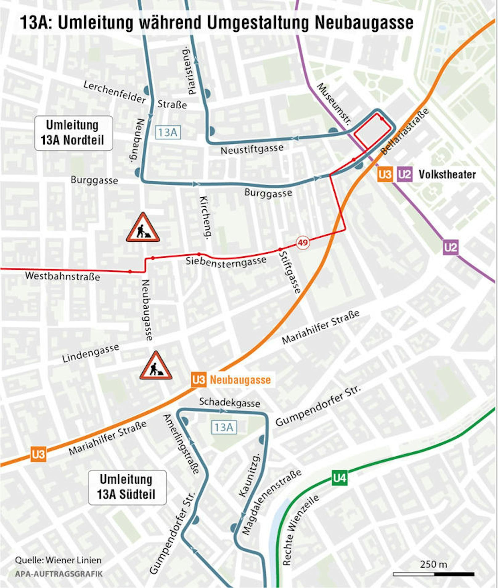 Ab 13. Jänner bis Sommer 2020 fährt der 13-A zweigeteilt. Es gibt keine durchgehende Verbindung zwischen Alserstraße und Hauptbahnhof.Im Norden fährt er über die Burggasse zum Volkstheater, im Süden über die Schadekgasse.