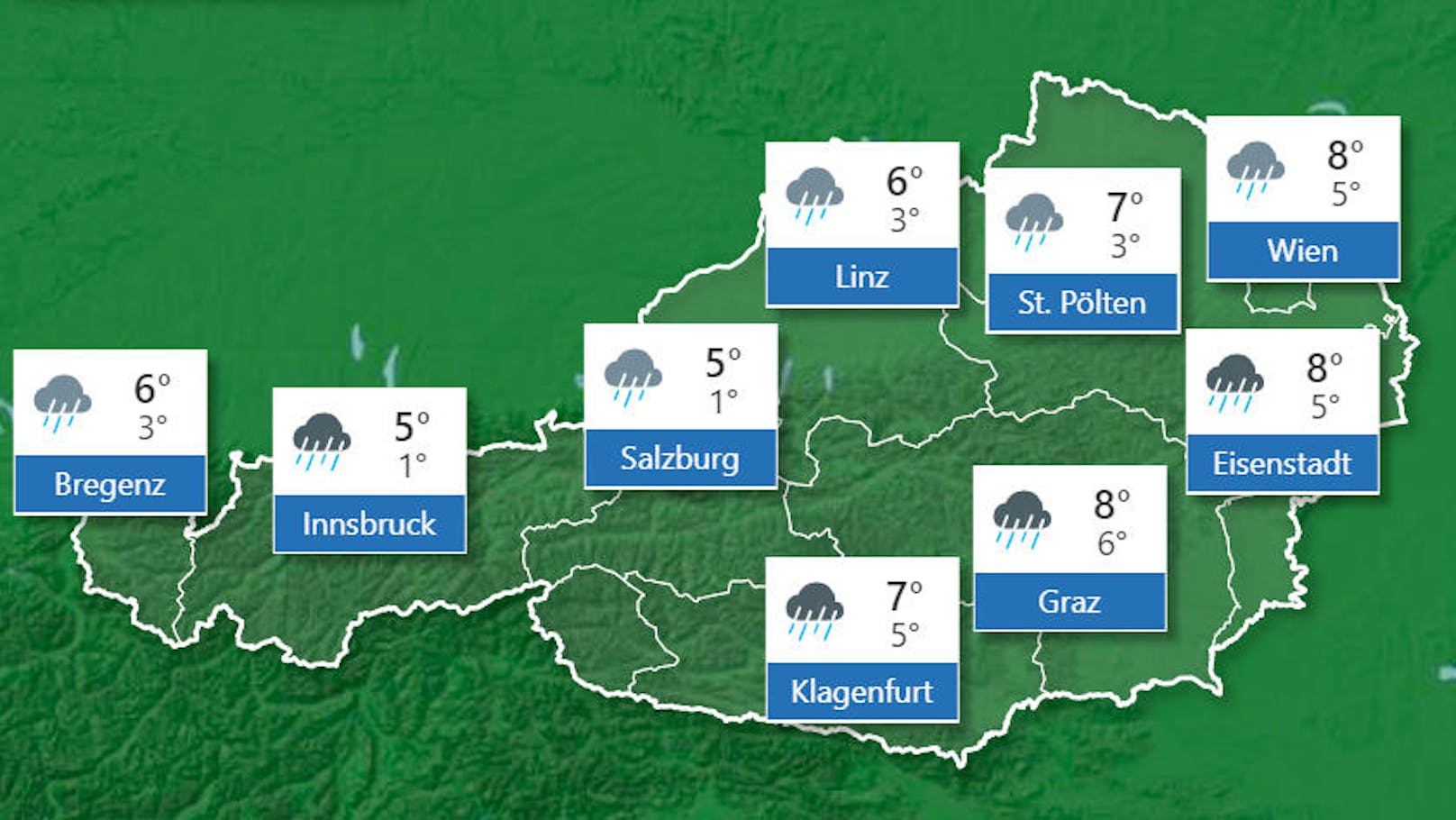 <b>Dienstag, 12. November 2019</b>: Am Dienstag fällt westlich der Linie Salzburg-Villach von Beginn an Regen, oberhalb von 800 bis 1000 m Schnee. Im Laufe des Vormittags breitet sich der Regen ostwärts aus, ganz im Westen trocknet es am Nachmittag vorübergehend ab. Am Abend und in der Nacht werden Regen und Schneefall von Süden her stärker und an der Alpennordseite schneit es dann zunehmend bis in die Täler. Maximal 2 bis 9 Grad.