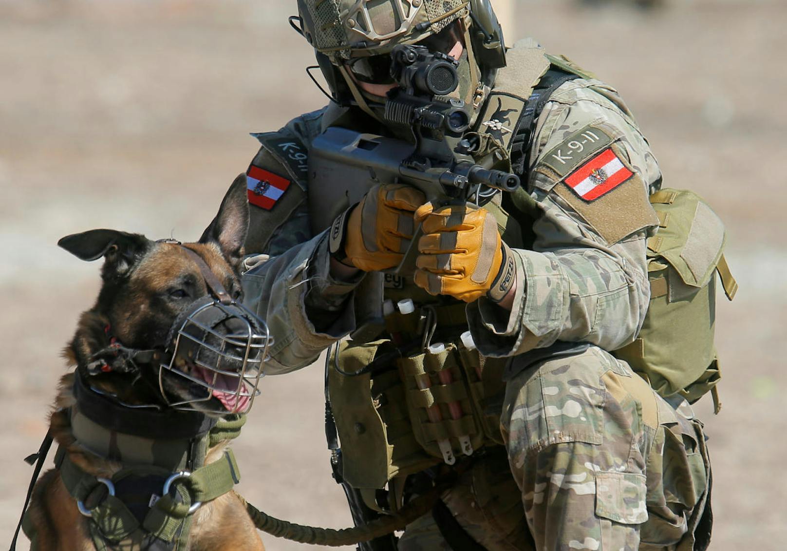 Soldaten des österreichischen Jagdkommandos bei einer Übung mit Hunden.