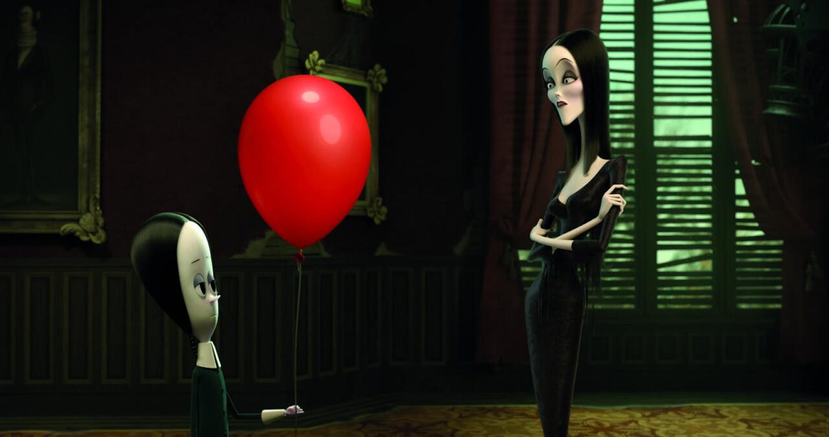 Wednesday findet einen roten Ballon. Morticia wundert sich, dass kein böser Clown, der kleine Kinder killt, am anderen Ende hängt.