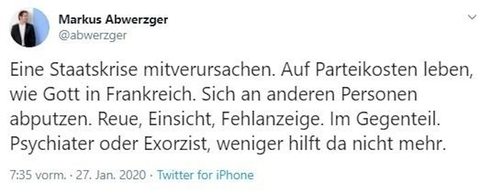 Tirols FPÖ-Chef Markus Abwerzger glaubt, Strache könne nur noch ein Psychiater oder ein Exorzist helfen.