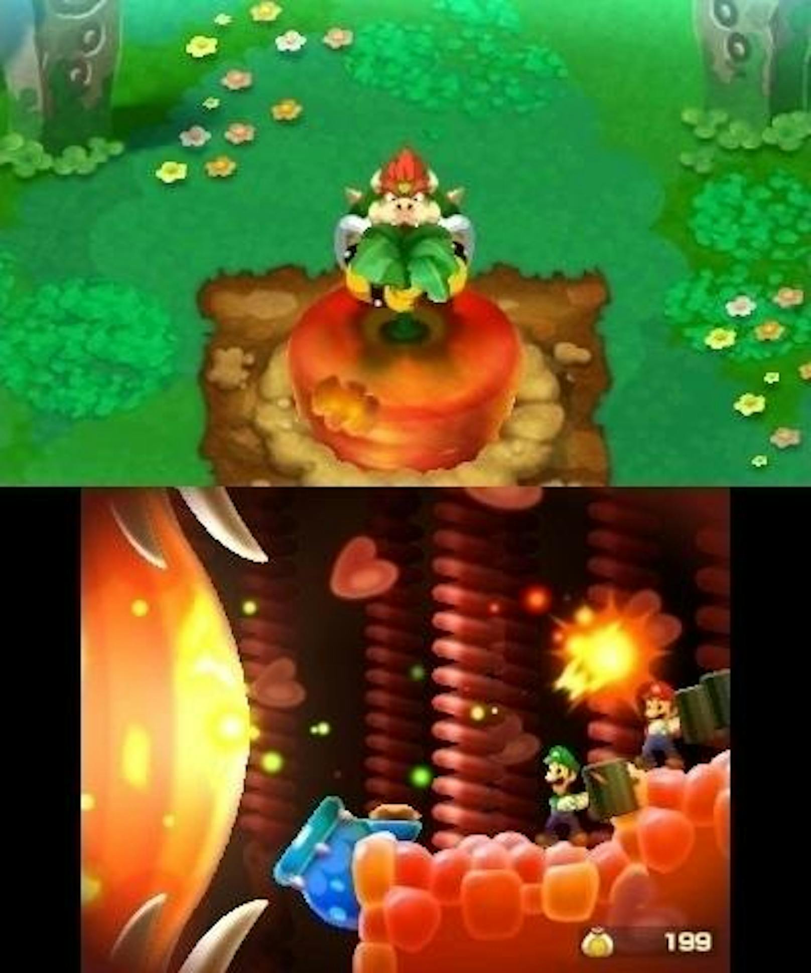 Schlagen Mario und Luigi auf einen Nervenstrang-ähnlichen Strahl, hüpft der sonst nicht zu Sprüngen fähige Bowser in der anderen Spielebene erschrocken in die Höhe.