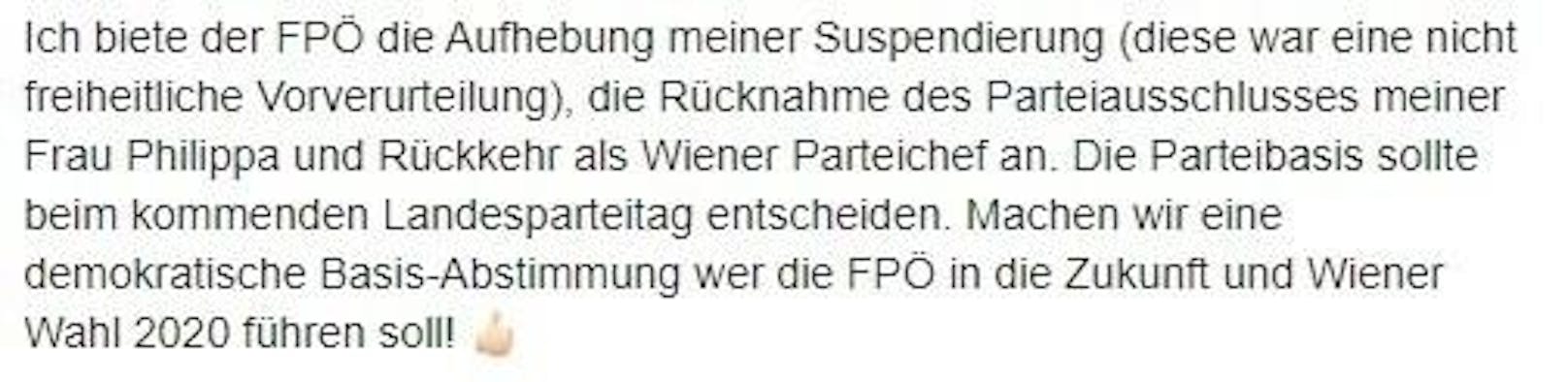 Am Nachmittag änderte Strache erneut sein Statement: Diesmal inkludiert es auch seine Frau. Auch der Parteiausschluss von Philippa soll zurückgenommen werden.