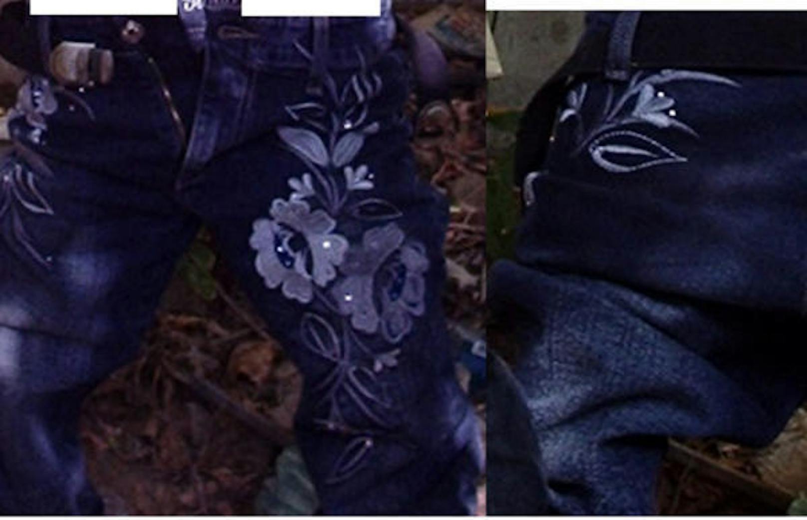 Ein Paar ausgezogene Jeans mit Blumen drauf. Europol möchte wissen: "Erkennen Sie die Marke dieser Hose und wissen Sie, wo man diese kaufen kann?"