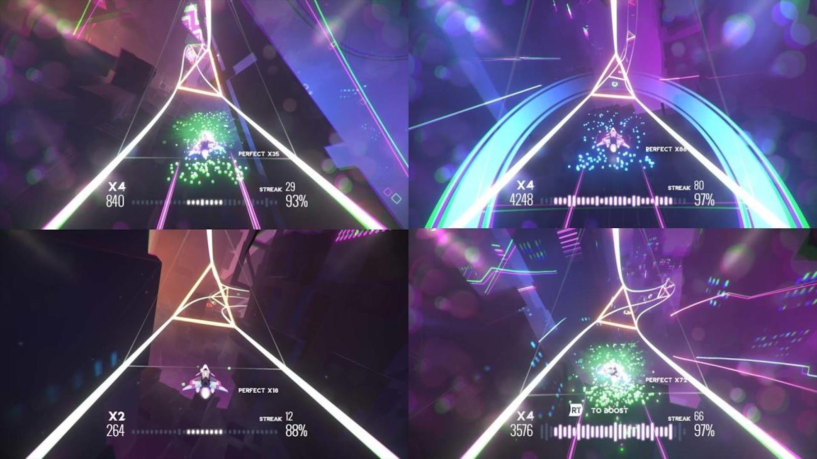 In einem futuristischen Vehikel rast man durch die neonfarben gestalteten Umgebungen, die je einen der 25 Avicii-Songs des Spiels darstellen.