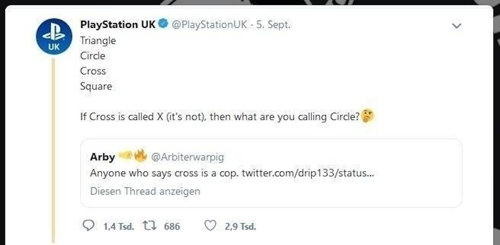 Doch laut dem Hersteller ist Kreuz korrekt. So ist auf dem Twitter-Account von Playstation UK zu lesen, dass die Tasten auf Englisch Triangle, Circle, Cross und Square genannt werden. Also übersetzt Dreieck, Kreis, Kreuz und Quadrat.