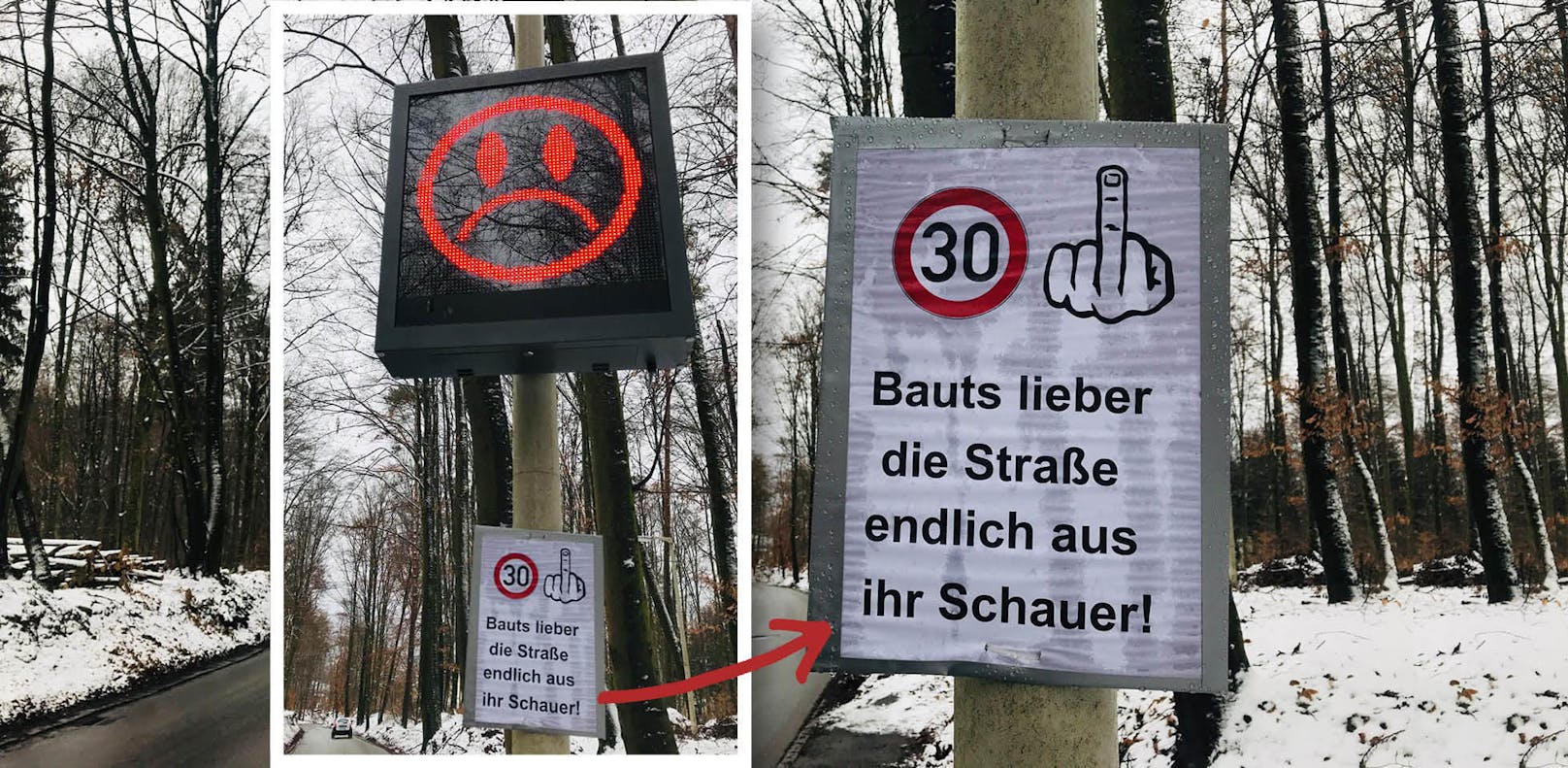 Ein unzufriedener Lenker protestierte mit einem selbst gebastelten Stinkefinger-Schild gegen die 30er-Zone.
