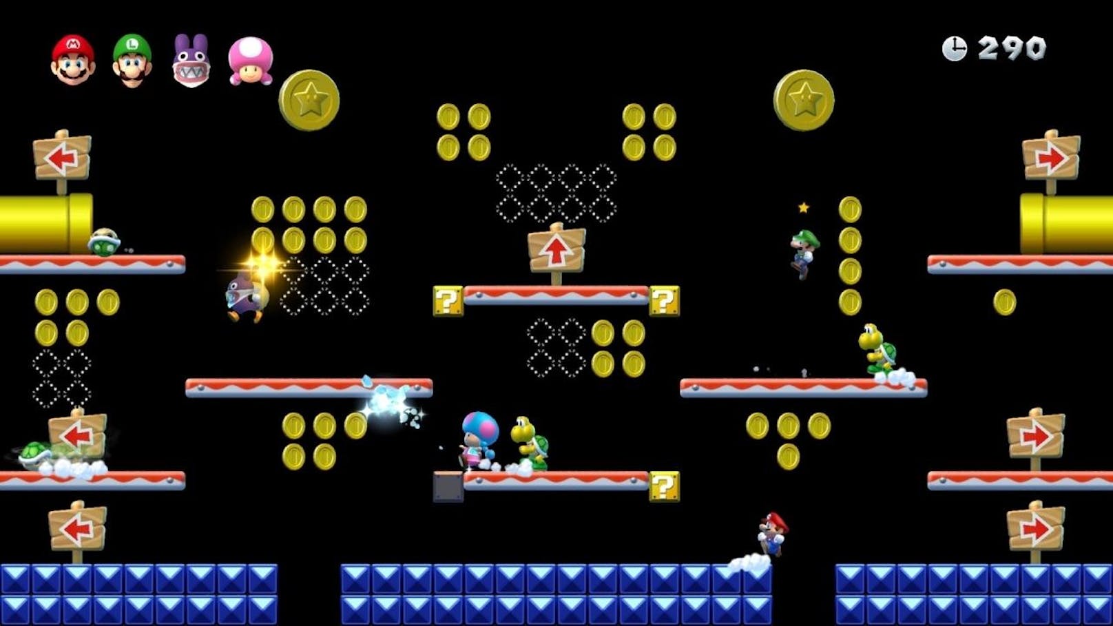 Über Ozean-, Wüsten-, Sumpf- und Schnee-Levels rennt und springt man als Mario oder einer seiner vier Freunde entweder einzeln oder mit bis zu drei Mitspielern lokal oder online zur Rettung der Prinzessin.