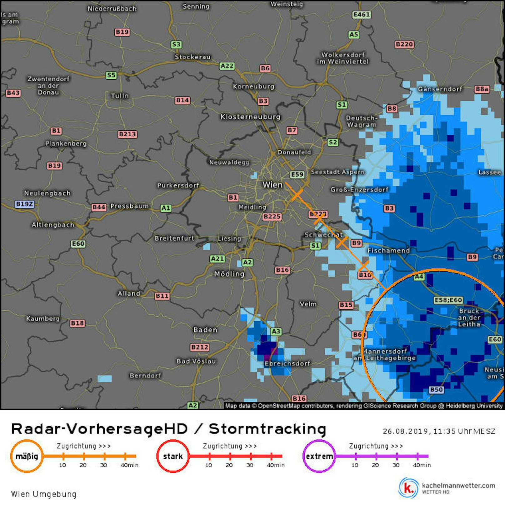 26.08.2019: Um 11.35 Uhr wurde ein Gewitter mit Zugrichtung Wien gemeldet.