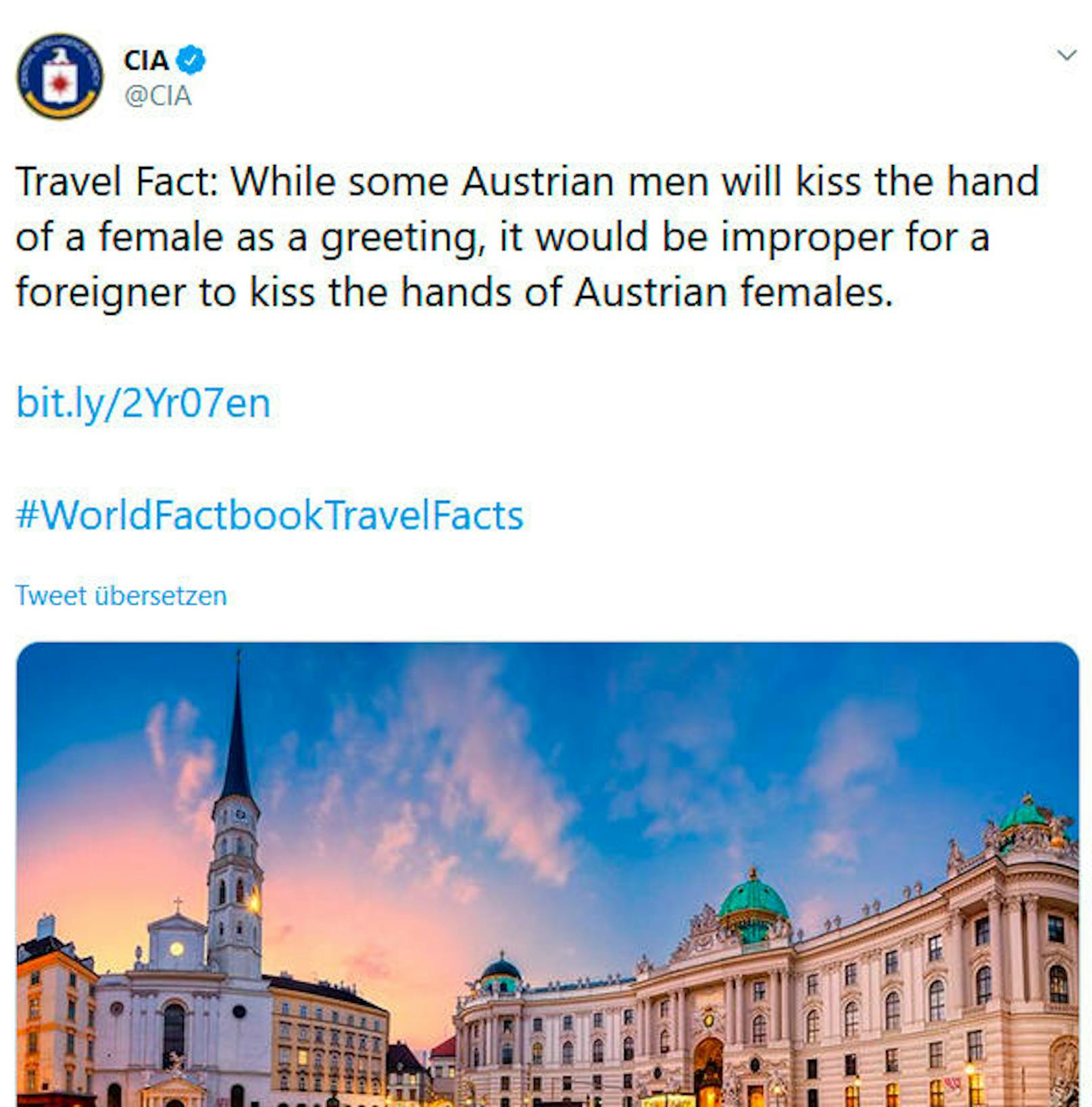 Der US-Geheimdienst CIA postete auf Twitter eine etwas skurrile Benimmregel für Österreich.
