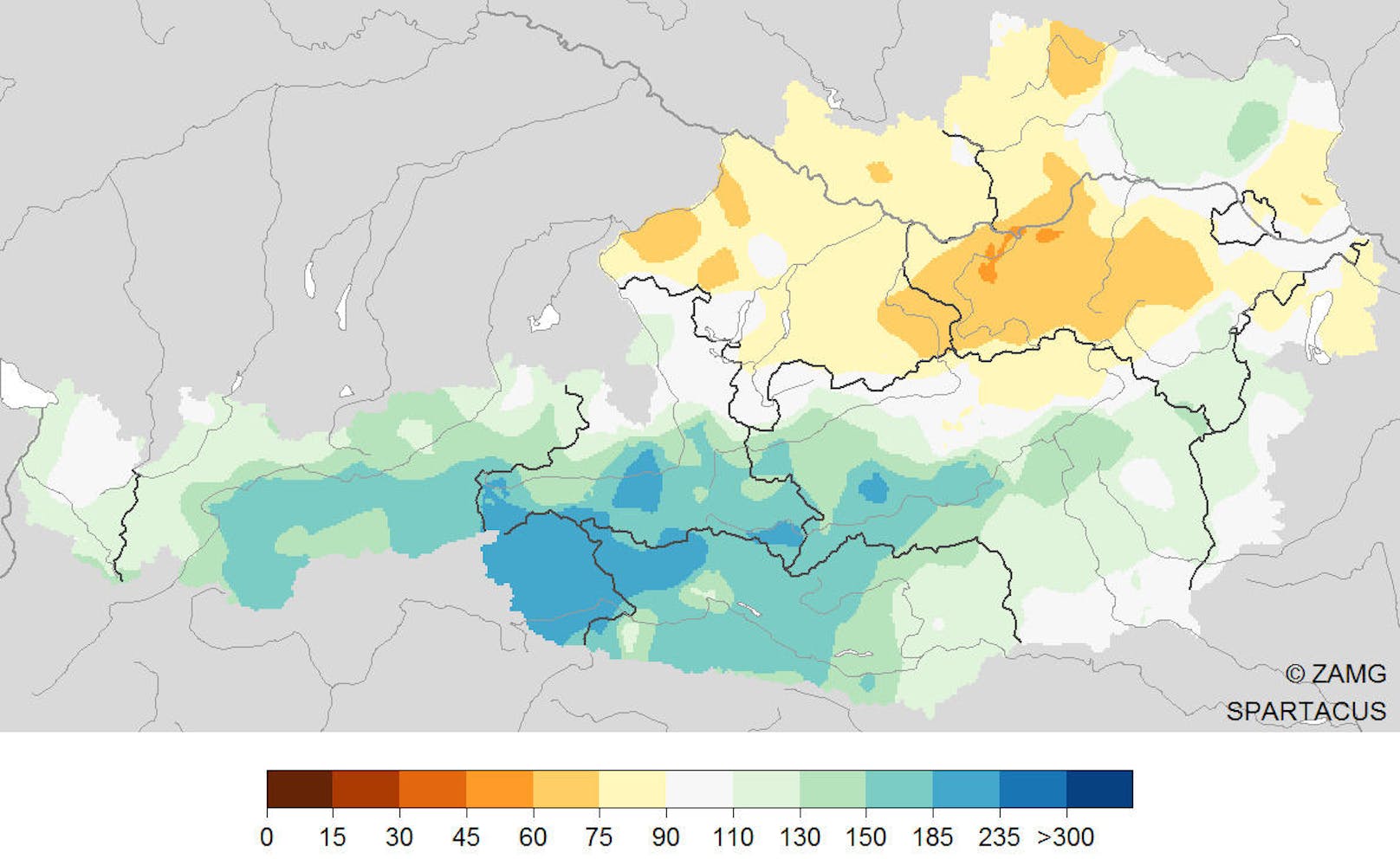 <b>Niederschlag im Herbst 2019:</b> Vergleich des Niederschlags mit dem vieljährigen Mittel 1981-2010. 100 Prozent entsprechen dem Mittel. Auswertung mit SPARTACUS-Daten bis inkl. 26.11.2019.