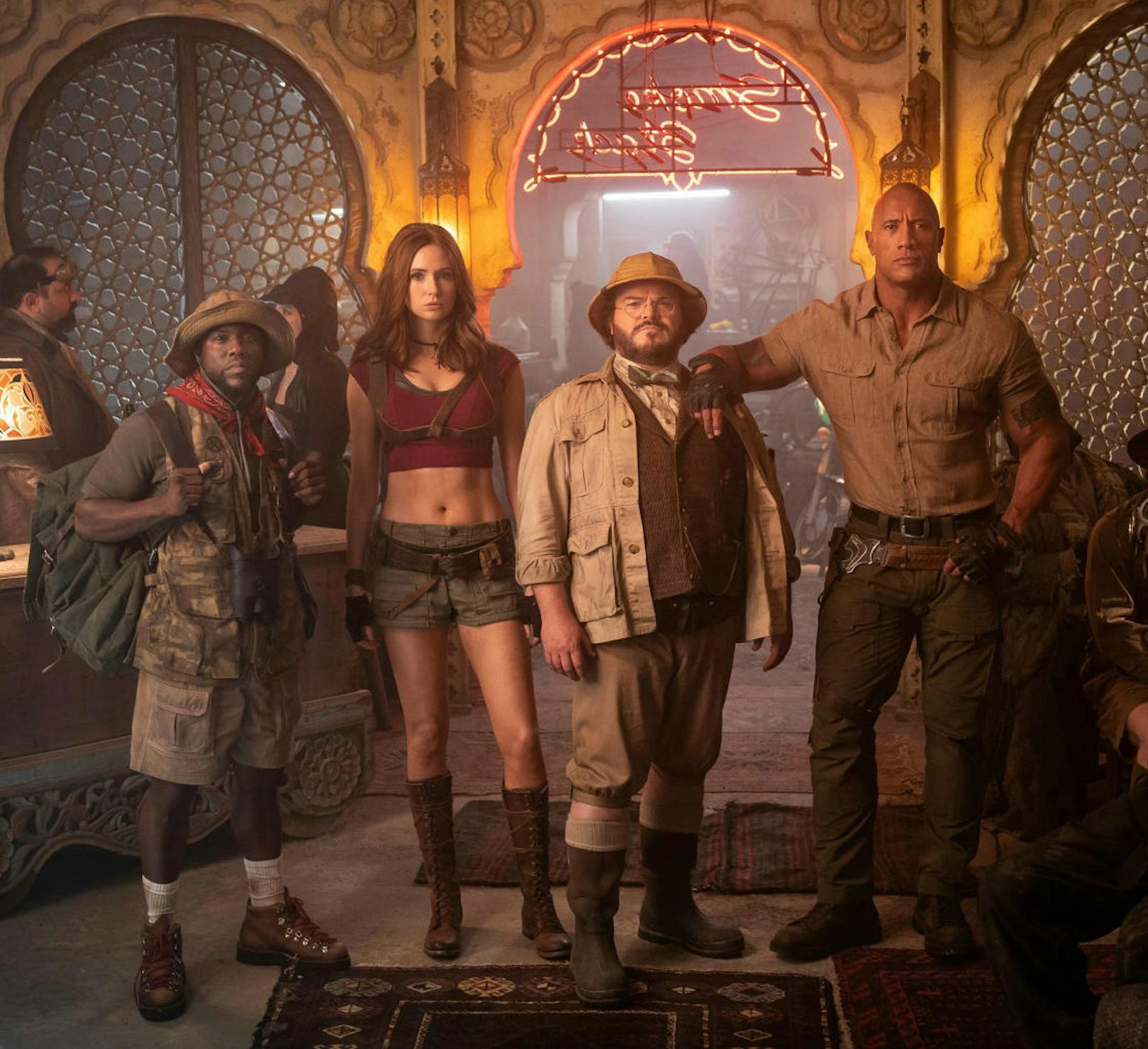 (v.l.) Kevin Hart, Karen Gillan, Jack Black und Dwayne Johnson in "Jumanji: The Next Level"