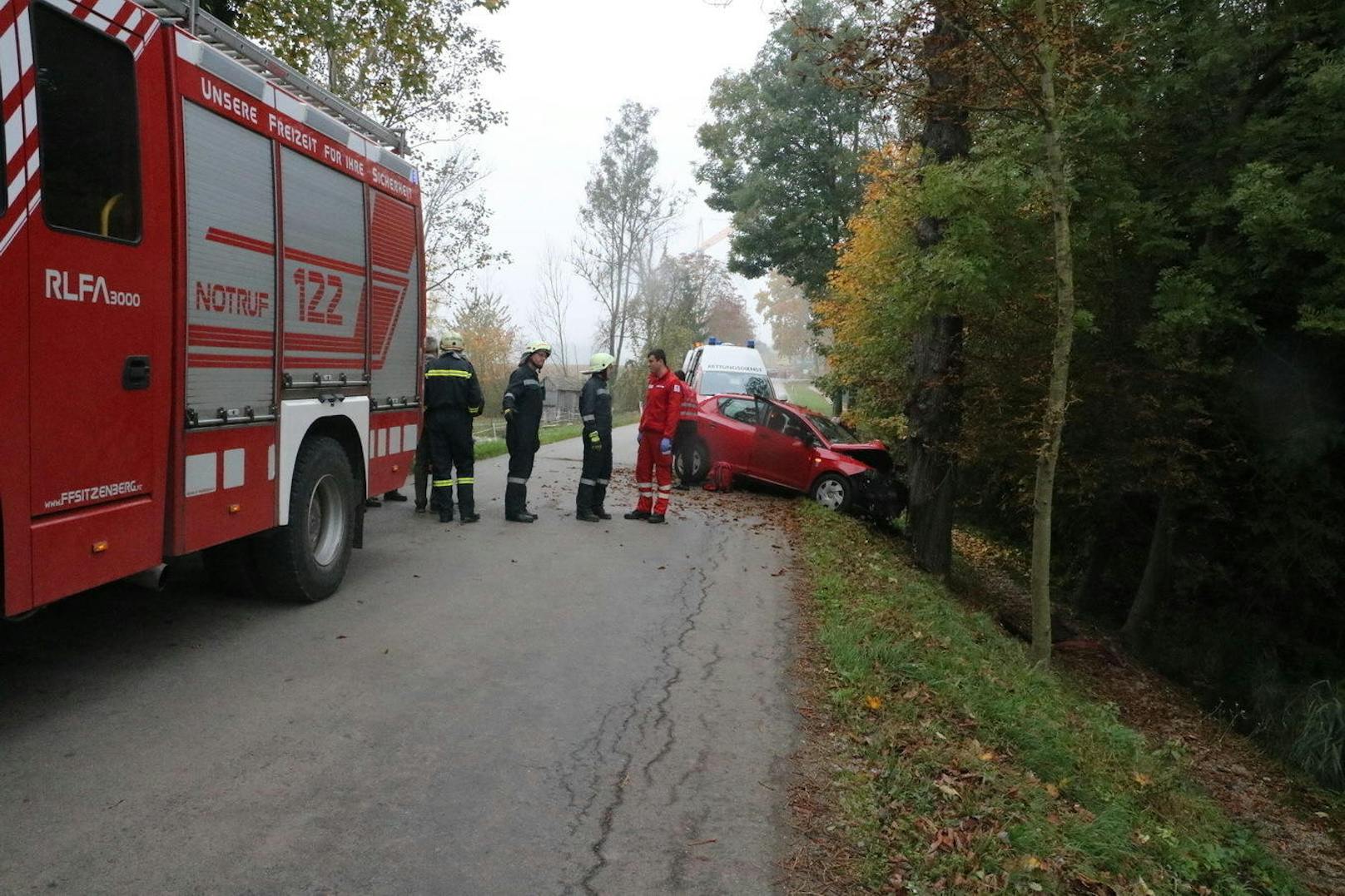 Mit Peugeot gegen Baum: Die Feuerwehr barg das Wrack.