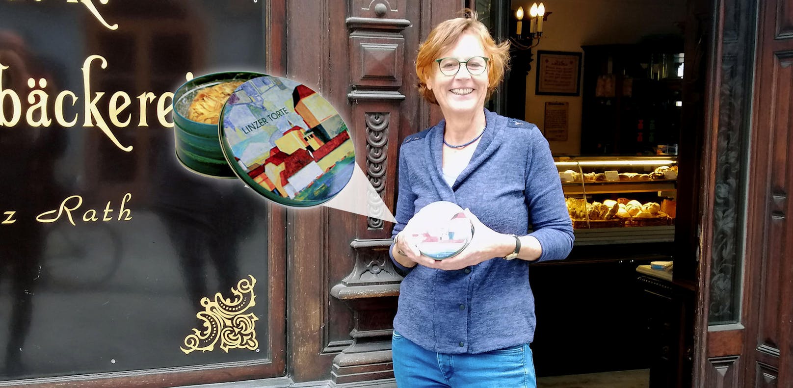 Künstlerin Veronika Merl mit dem neuen Dosen-Design der Linzer Torte. 