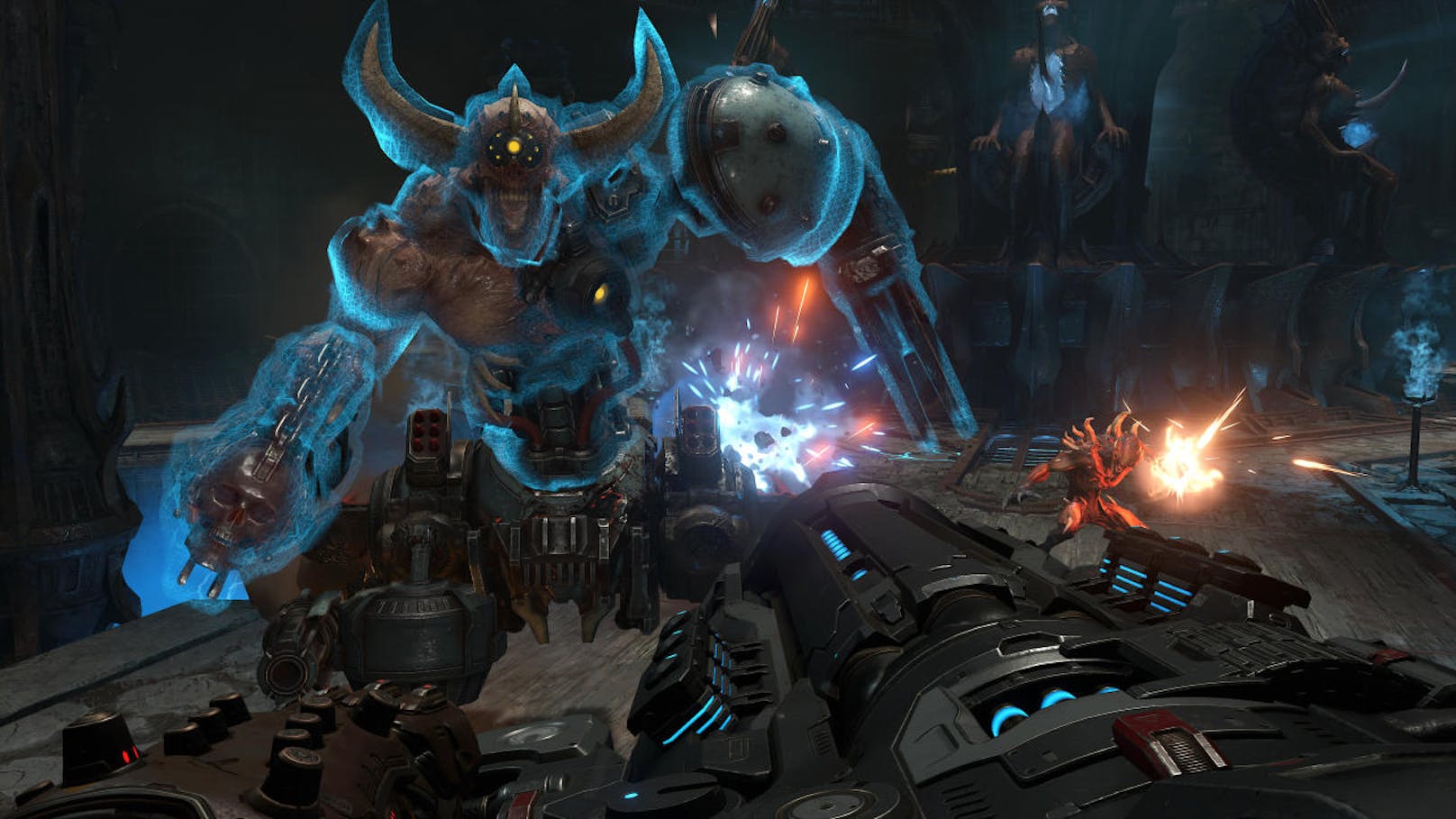 Ebenfalls neue Elemente gibt es bei der Steuerung: Der Doom Slayer kann nun doppelt ausweichen und doppelt springen. Ersteres ermöglicht ein viel besseres Ausweichen von feindlichen Angriffen, Zweiters kommt der Levelgestaltung zugute.