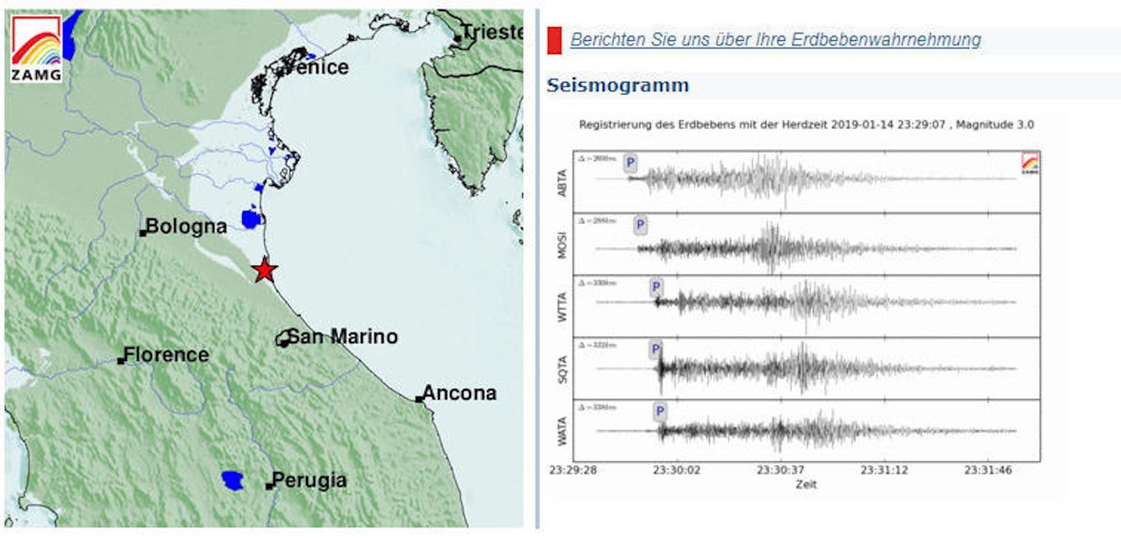 Das Beben ereignete sich nachts um 00:03 Uhr MEZ östlich von Ravenna, Italien.