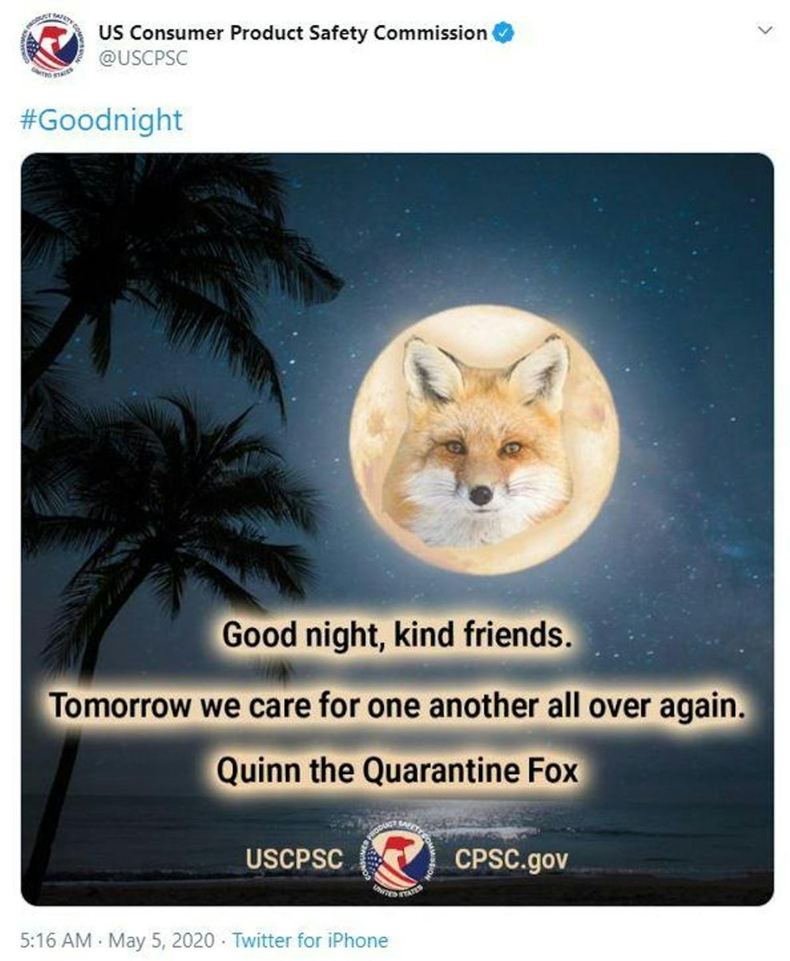 Gut kommt vor allem an, dass Quinn, der Fuchs, der Nation jeden Abend vor einem immer wechselnden Hintergrund wünscht: "Gute Nacht, freundliche Freunde. Morgen werden wir uns wieder alle umeinander sorgen."