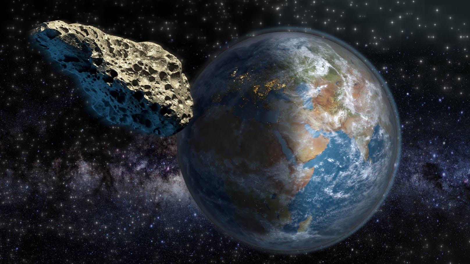 Ein Asteroid passiert die Erde. 