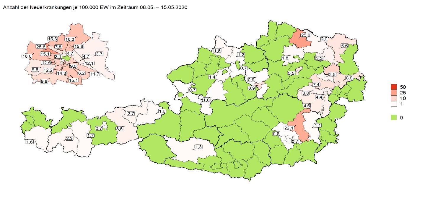 Die Corona-Hotspots in Österreich der letztens 7 Tage liegen in Horn (Niederösterreich) und Weiz (Steiermark)