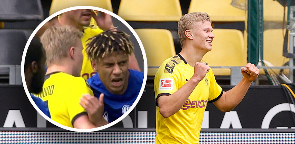 Schalke-Spieler Jean-Clair Todibo beschimpft Erling Haaland.