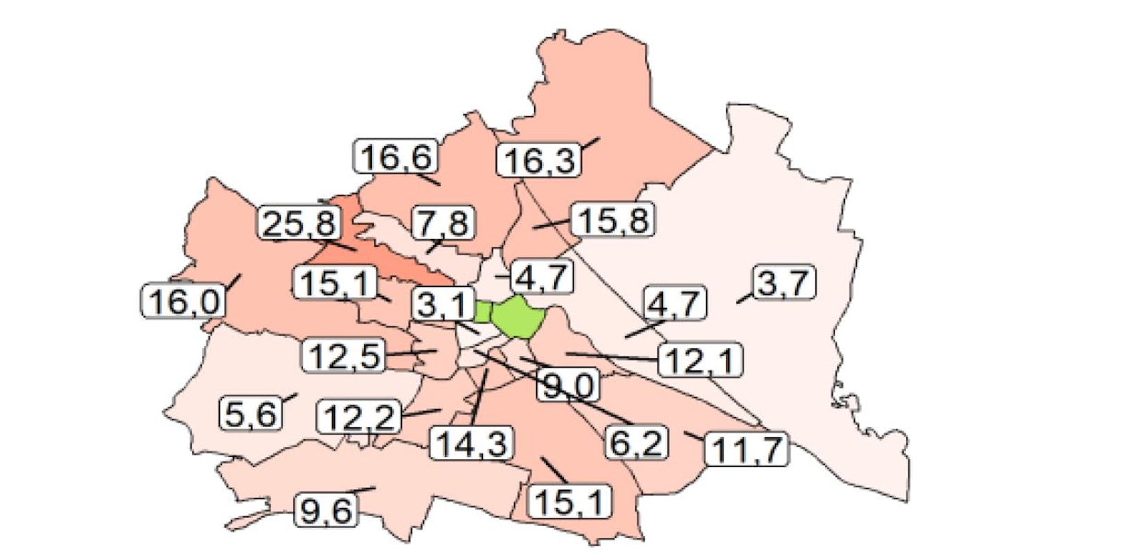 Die meisten Corona-Neuerkrankungen gab es in den letzten 7 Tagen in Wien-Hernals (25,8 Fälle je 100.000 Einwohner), die wenigsten in Wien-Neubau (3,1 Fälle).