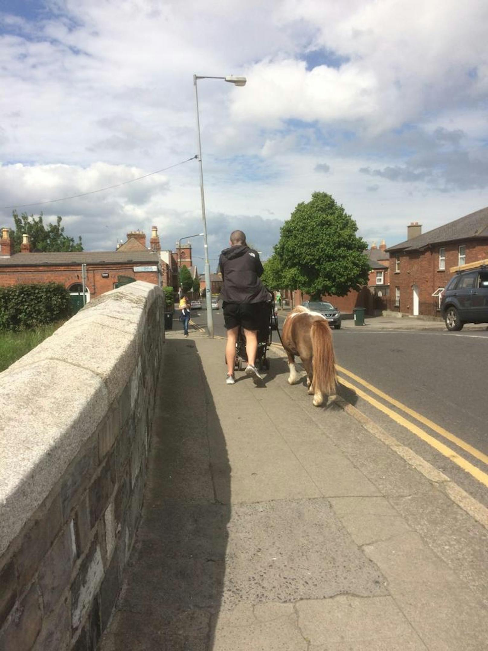 Mann spaziert mit Handy, Kind und Pony in Dublin