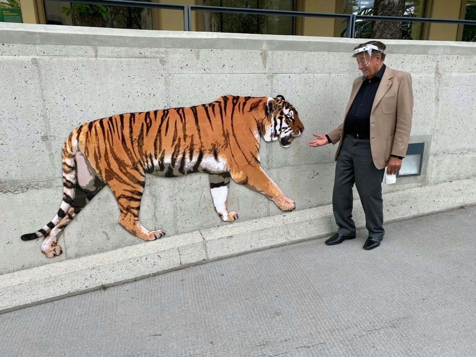 Nicht bissig: Lugner lässt den Tiger raus.