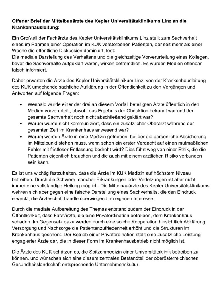 Das ist der offene Brief, den "ein Großteil der Fachärzte" am KUK geschrieben hat und "Heute" zugespielt wurde.