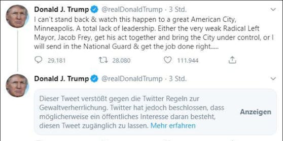 Der Tweet von Trump wurde als gewaltverherrlichend zensiert und wird erst nach bewusstem Anklicken angezeigt.