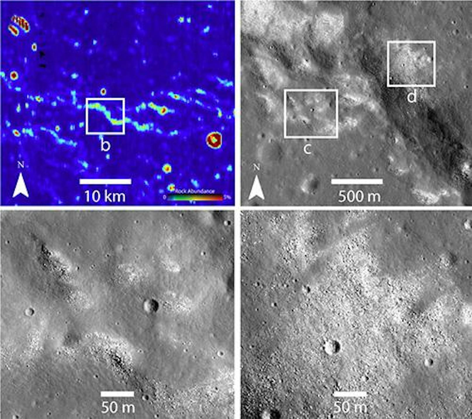 Bilder vom Mond: Infrarot (links oben) und andere Bilder des LRO der NASA zeigen seltsame kahle Stellen, an denen der allgegenwärtige Mondstaub fehlt. 