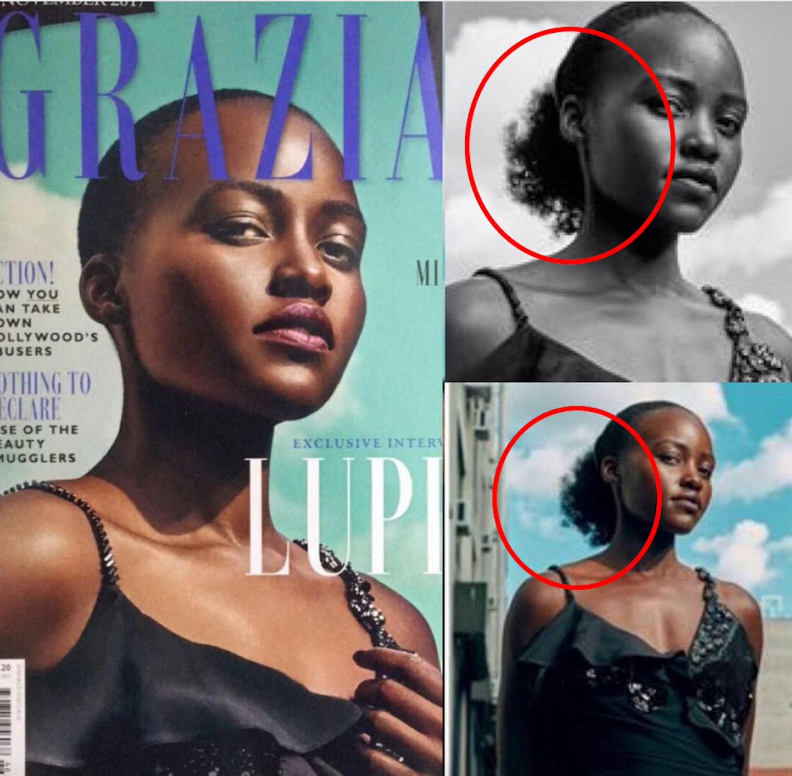 Nicht immer sind die Stars begeistert davon, wenn die Magazine retouchieren. Lupita Nyong’o war ganz im Gegenteil ziemlich erbost. Dass ihr die Haare weggenommen wurden, fand sie rassistisch und unangebracht. Sie postete dieses Foto selbst, um darauf aufmerksam zu machen