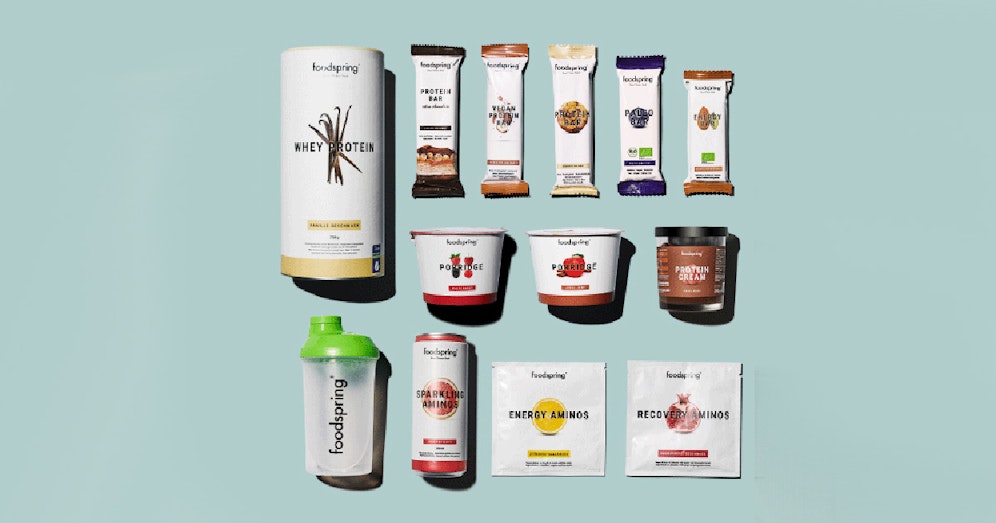 Bars, Frühstück Essentials und Drinks & Shakes von Foodspring für dein Training.
