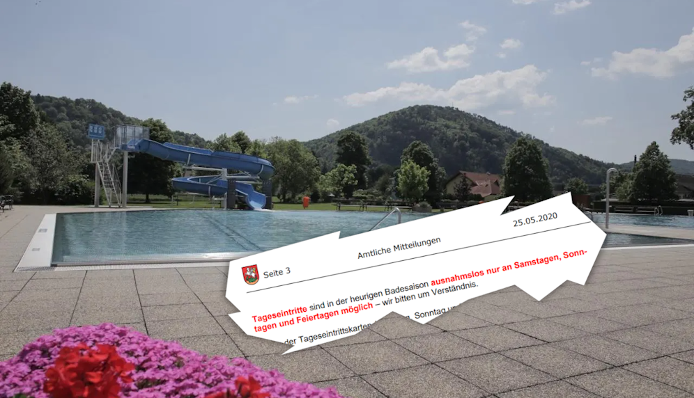 Das Schlossbad in Pitten und die Mitteilung.