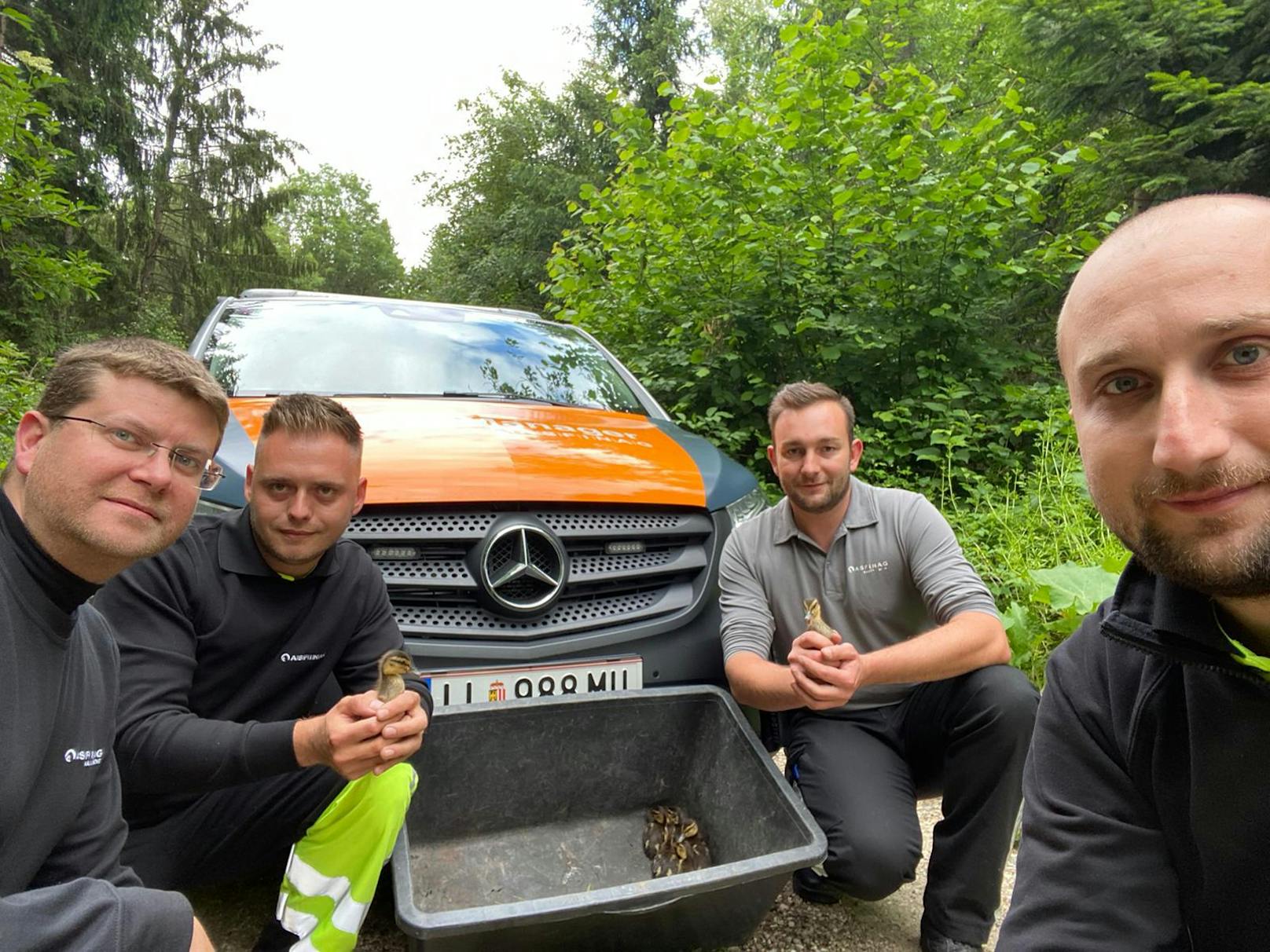 Die Asfinag-Mitarbeiter Kaus Pürstinger (40), Andreas Pointner (29), Michael Gassenbauer (27) und Michael Waidmayr (28) mit den geretteten Enten.