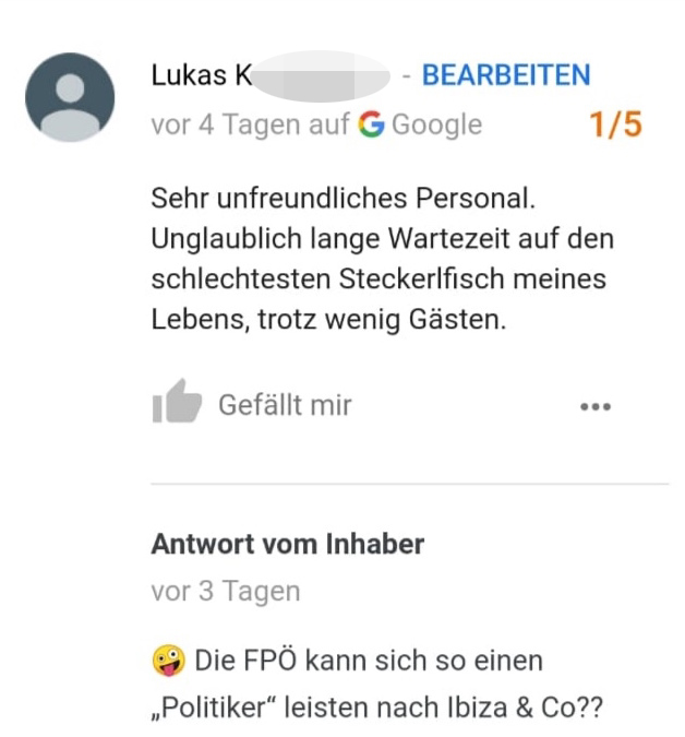 Dieses Posting hinterließ der Gast nach dem Besuch beim Hendl-Grill.