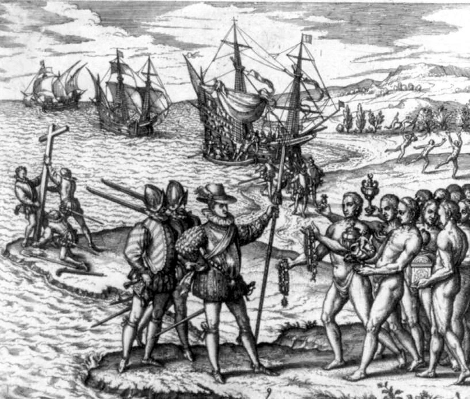 Da dieser Ausbruch nur kurz nach der Rückkehr von Kolumbus aus der Neuen Welt auftrat, nehmen viele Forscher an, sie sei von dort nach Europa gelangt. (Im Bild: Die Landung des Columbus 1492, Kupferstich aus dem Jahr 1594)