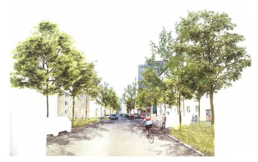 Baumbepflanzung am Beispiel der Leonfeldner Straße. Bäume sollen hier als Beschattung für die Haltestellen von Bus oder Straßenbahn dienen und zugleich darunter parkende Autos kühlen.