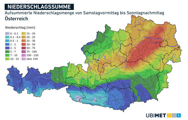 Aufsummierte Niederschlagsmenge (Prognose) von Samstagvormittag bis Sonntagnachmittag