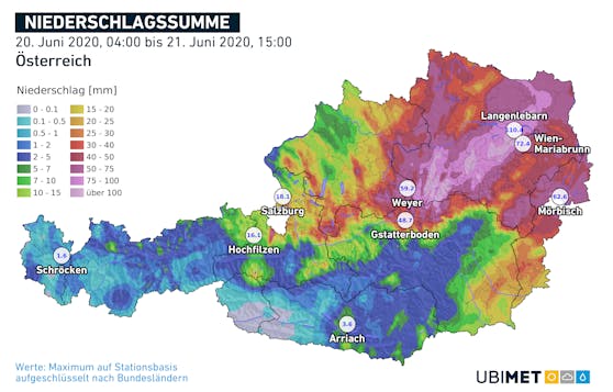Niederschlagssumme von 20. Juni, 4 Uhr früh, bis 21. Juni, 15 Uhr