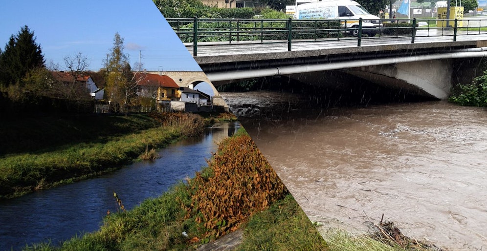 Links ein gewöhnlicher Pegel der Großen Tulln, rechts der aktuelle.