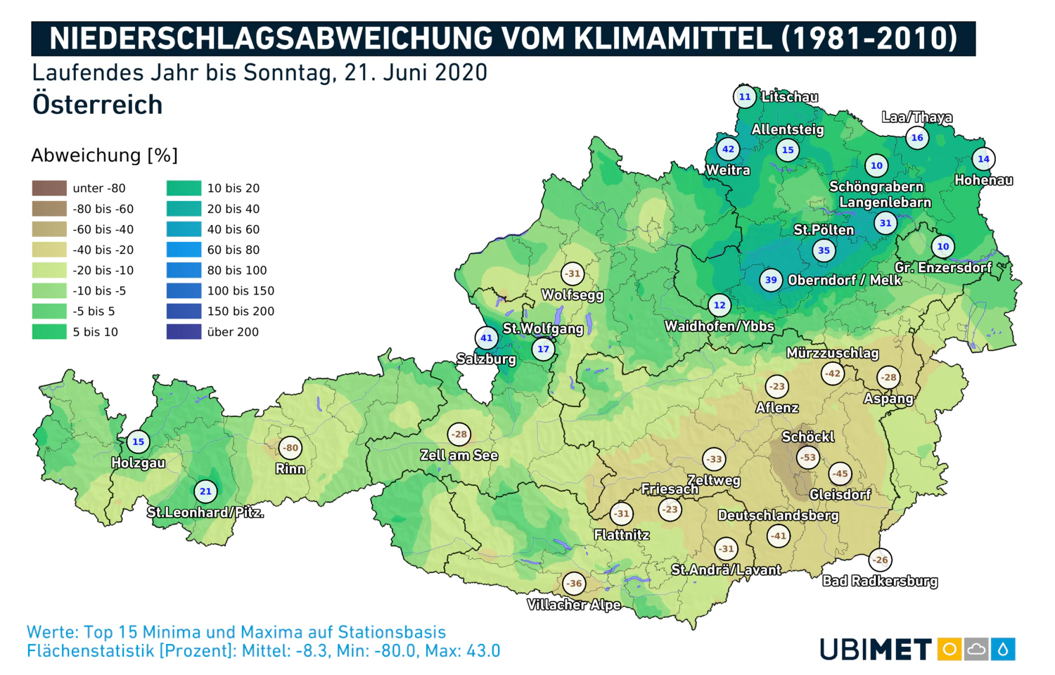 Die aktuelle Niederschlagsabweichung vom Klimamittel (1981-2010)