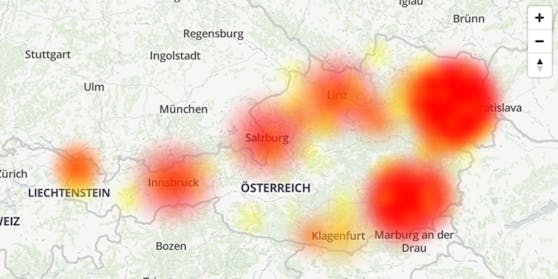 So sah die Störungskarte von A1 am Montagnachmittag aus.