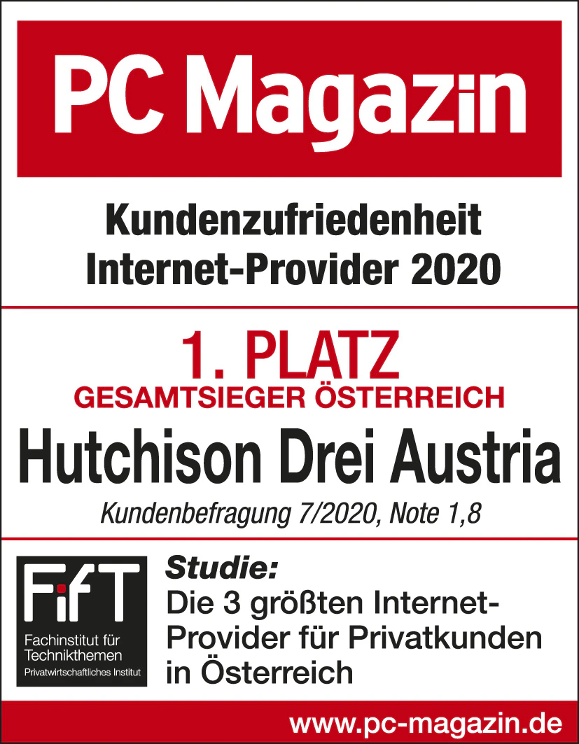 Drei ist Gesamtsieger bei PC Magazin Kundenzufriedenheit bei Internetanbietern.